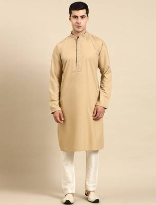 Beige cotton dori embroidered kurta set 2