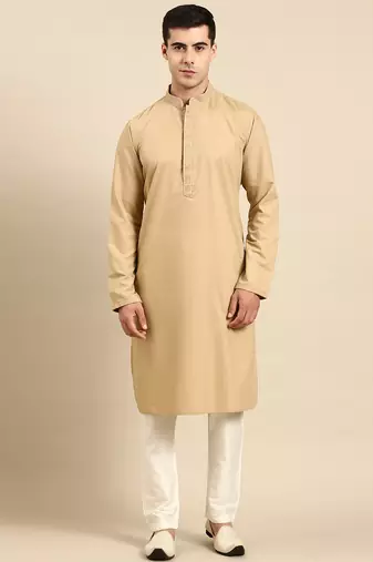 Beige cotton dori embroidered kurta set