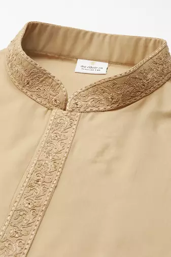Beige cotton dori embroidered kurta set