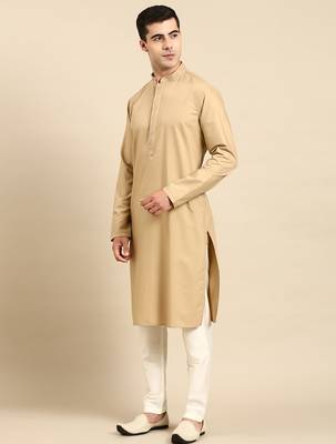 Beige cotton dori embroidered kurta set 4