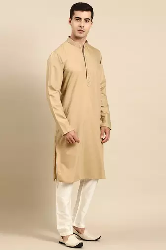 Beige cotton dori embroidered kurta set