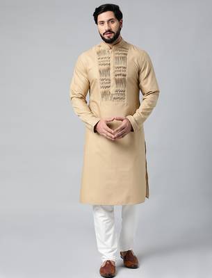 Beige cotton shell tucks embroidered cotton kurta set 2