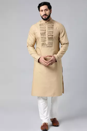 Beige cotton shell tucks embroidered cotton kurta set