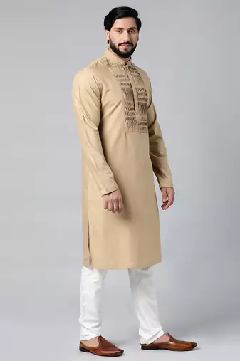 Beige cotton shell tucks embroidered cotton kurta set