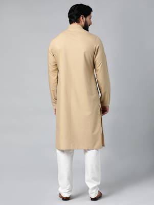 Beige cotton shell tucks embroidered cotton kurta set 4