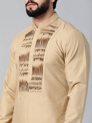 Beige cotton shell tucks embroidered cotton kurta set 5