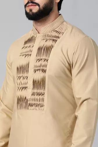 Beige cotton shell tucks embroidered cotton kurta set
