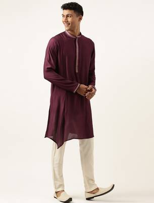 Wine asymetric embroidered kurta set 4