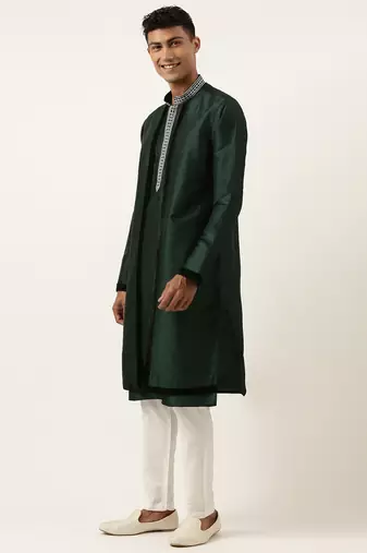 Green embroidered layered kurta set