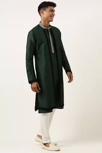 Green embroidered layered kurta set