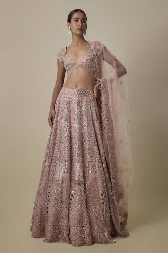 pink embroidered satin lehenga