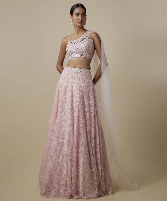 pink embroidered satin lehenga with blouse 1