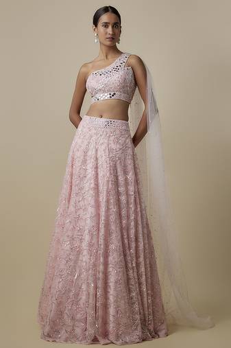 pink embroidered satin lehenga with blouse