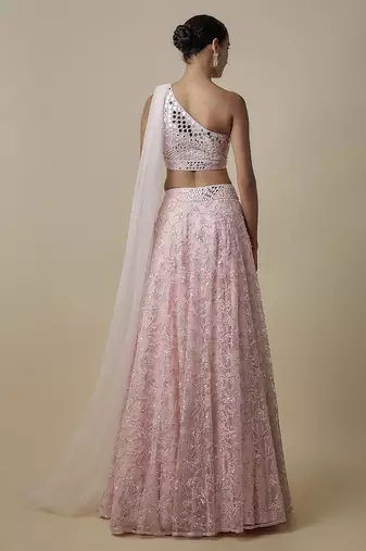 pink embroidered satin lehenga with blouse