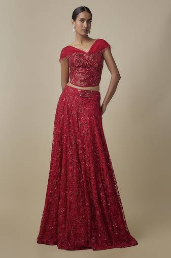 red embroidered satin lehenga with blouse