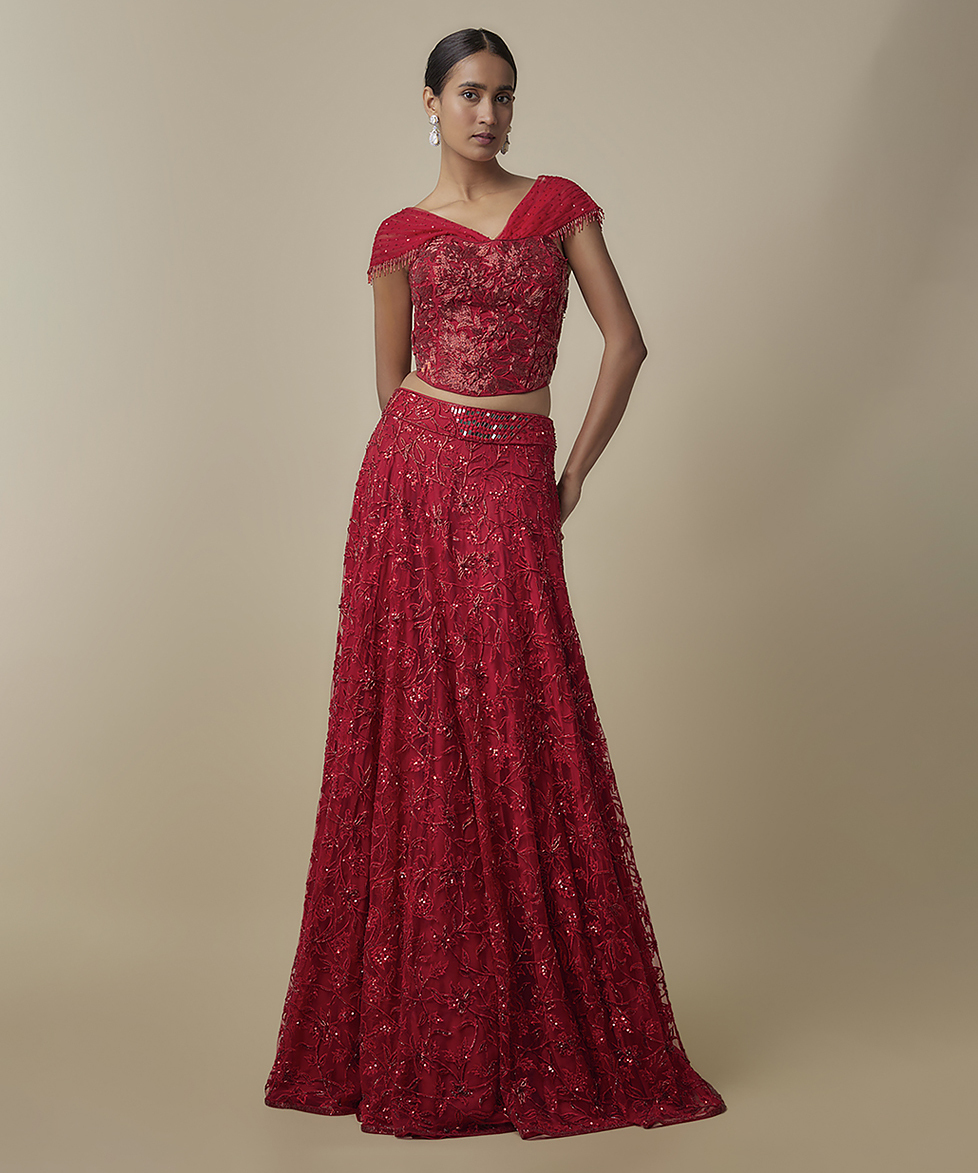 Red Embroidered Satin Lehenga With Corset Blouse