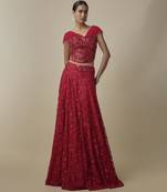 red embroidered satin lehenga with blouse
