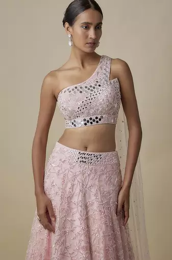 pink embroidered satin lehenga with blouse