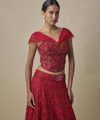 red embroidered satin lehenga with blouse 2