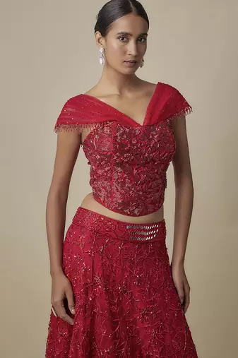 red embroidered satin lehenga with blouse
