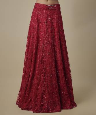 red embroidered satin lehenga with blouse 3