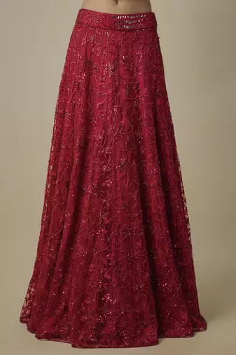 red embroidered satin lehenga with blouse