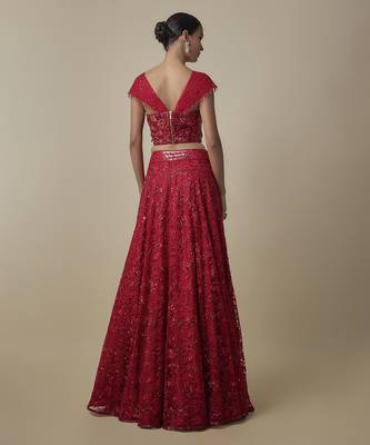 red embroidered satin lehenga with blouse 4
