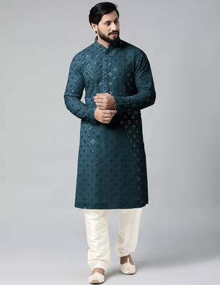 Teal blue mirror embroidery kurta set 1