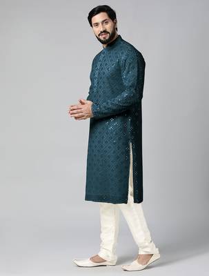 Teal blue mirror embroidery kurta set 2