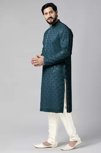 Teal blue mirror embroidery kurta set