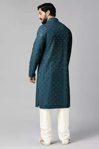 Teal blue mirror embroidery kurta set