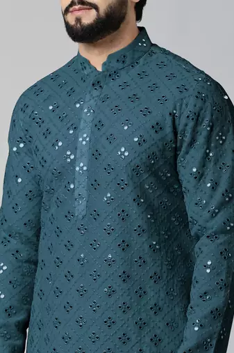 Teal blue mirror embroidery kurta set