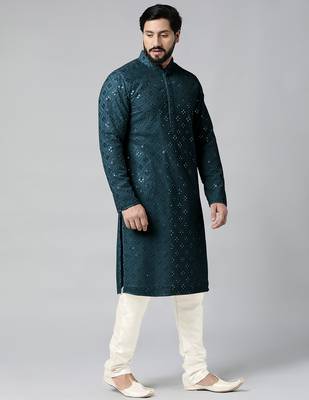 Teal blue mirror embroidery kurta set 5