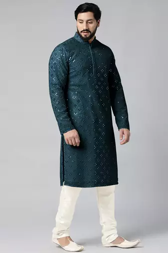 Teal blue mirror embroidery kurta set