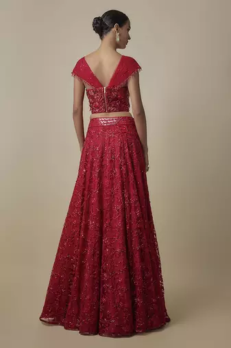red embroidered satin lehenga with blouse