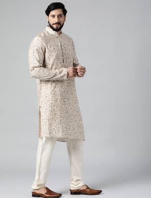 Cream block printed kurta set 1