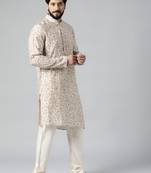 Cream block printed kurta set