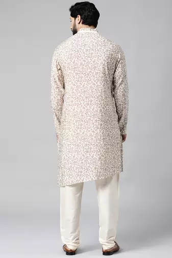 Cream block printed kurta set