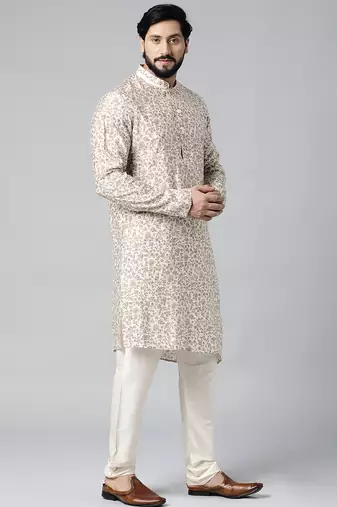 Cream block printed kurta set