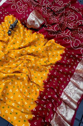 printed bandhani cotton silk saree (yellow)