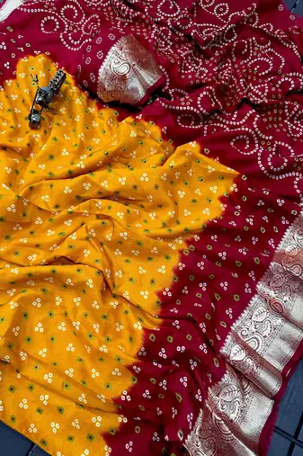 printed bandhani cotton silk saree (yellow)