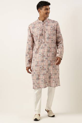 Peach cotton printed chikankari kurta set