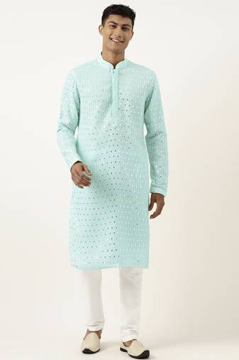Aqua blue mirror embroidered gerogette kurta set