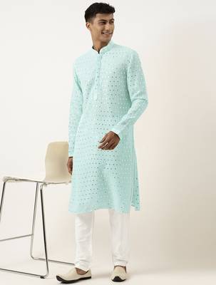 Aqua blue mirror embroidered gerogette kurta set 4