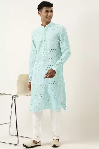 Aqua blue mirror embroidered gerogette kurta set