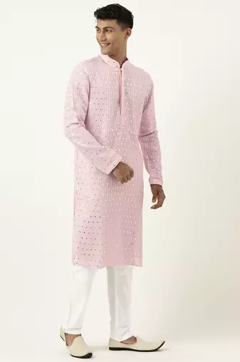 Baby pink mirror embroidered kurta set