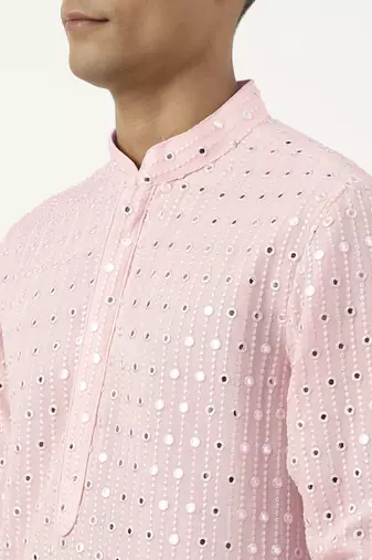 Baby pink mirror embroidered kurta set
