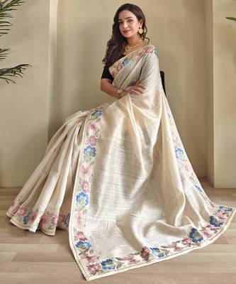 cream tussar saree with contrast embroidery 1