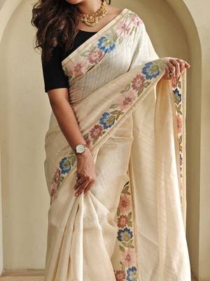 cream tussar saree with contrast embroidery 3