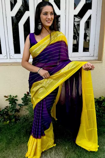 striped kanjivaram jacquard georgette saree (purple yellow)